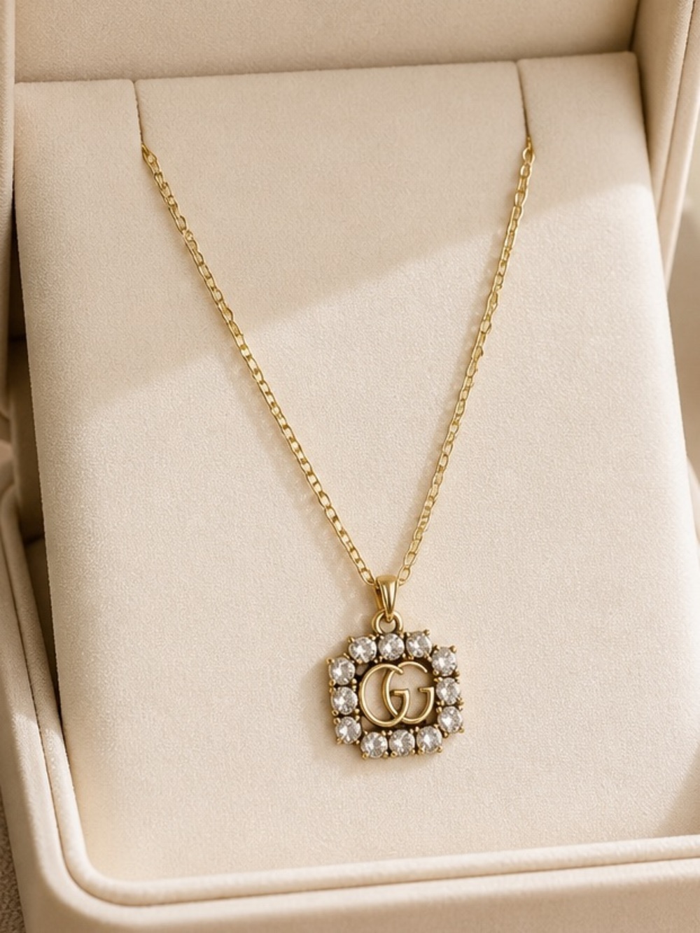 Gucci Gold GG Crystal Square Pendant Necklace